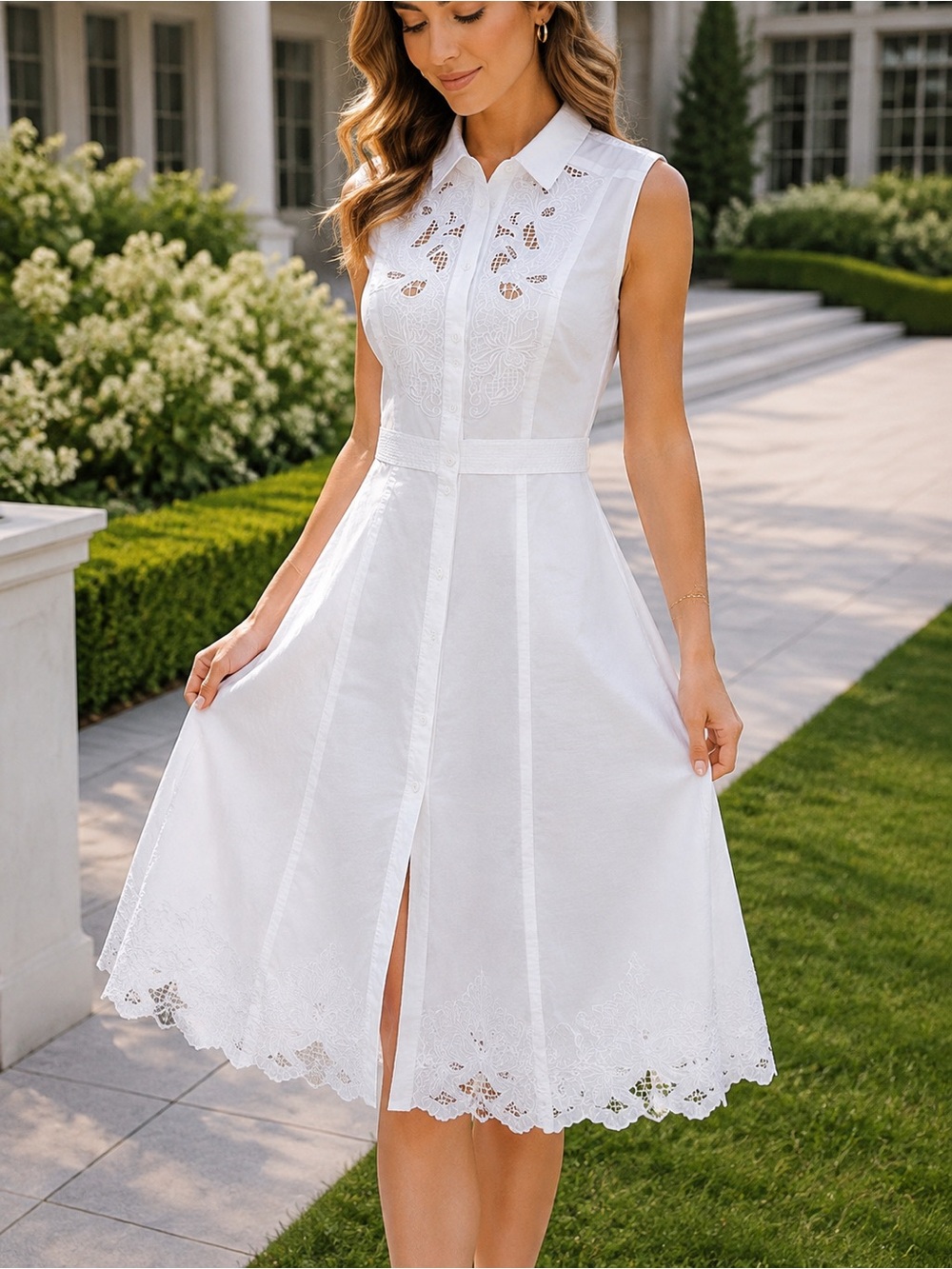 KAREN MILLEN White Lace Shirt Dress 10 Bridal Shower Embroidered Eyelet